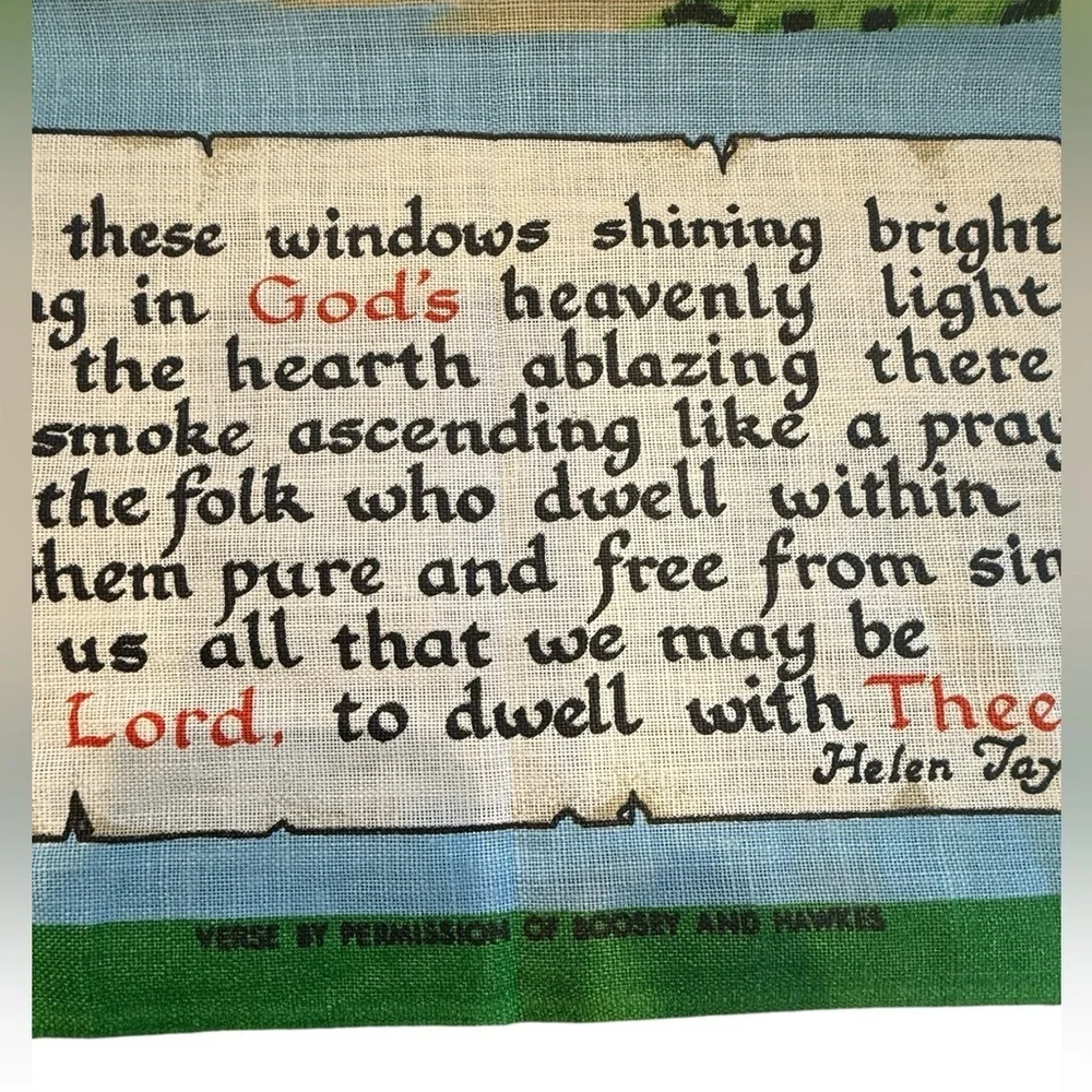 🔙📆VINTAGE Irish Linen Wall Hanging w/ Cottage Scene and “Bless This House” poem